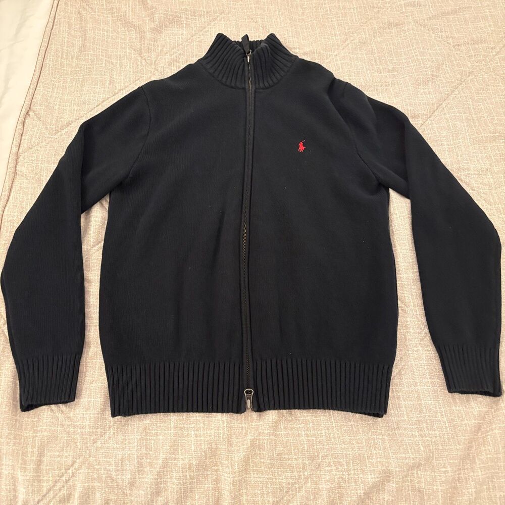 Vintage Polo by Ralph Lauren Black 100% Cotton Full Zip Mock Neck Sweater Size S